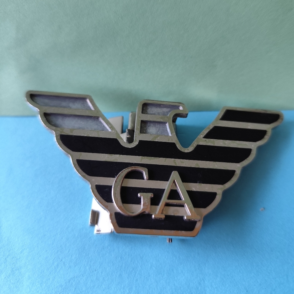 Emporio Armani Black and Silver Logo Belt Buckle